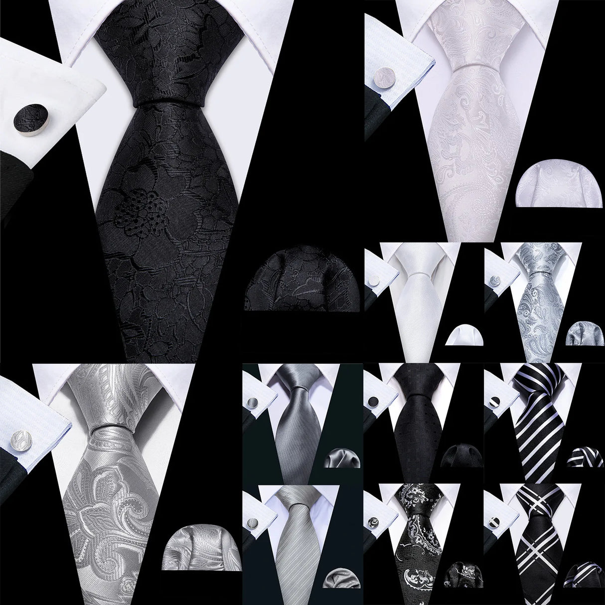 Collection of Black White Silk Tie Set