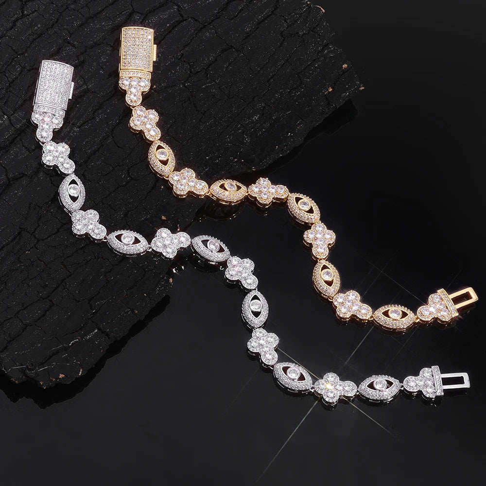 Silver and Gold Bling  Brass 5A Eye Chain Gold-Plated Cubic Zirconia Bracelet