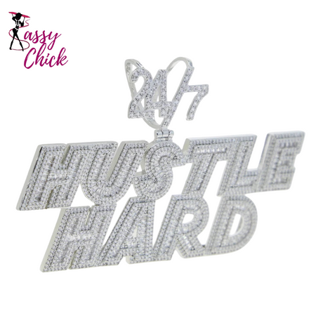 Bling CZ Letter Hustle Hard Rich Lucky Pendant Necklace Sassy Chick Logo