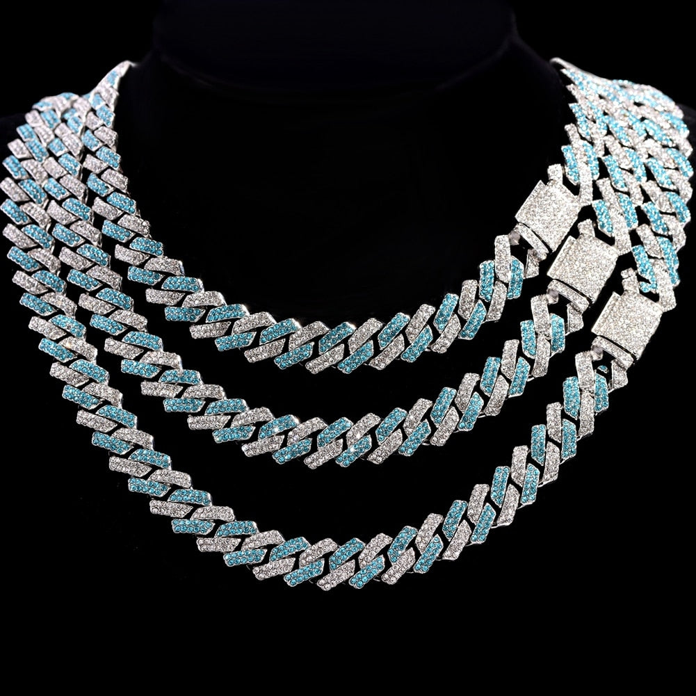 Silver blue Bling Cuban Necklace And Bracelet