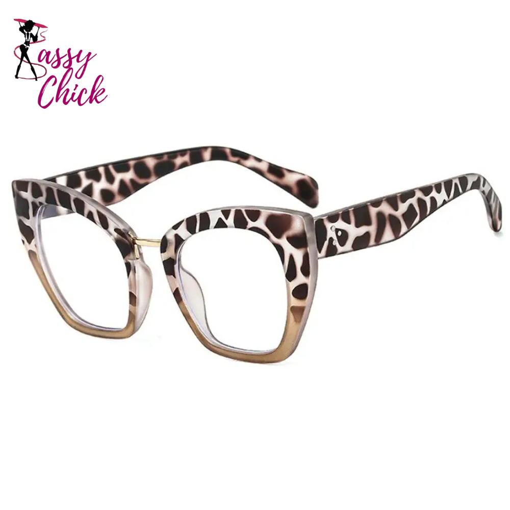 Blocking Leopard Print Cat Eye Big Frame Eyeglasses Sassy Chick Logo