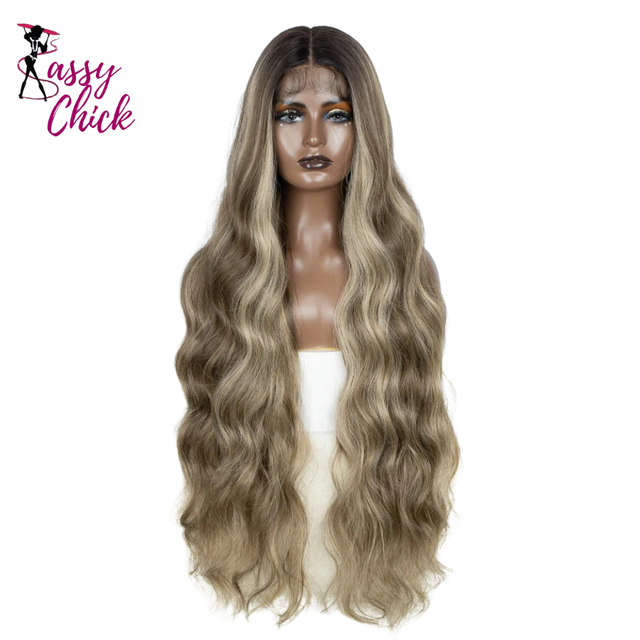 Blonde Ginger Highlight Long Wavy Synthetic Lace Front Wig Sassy Chick Logo