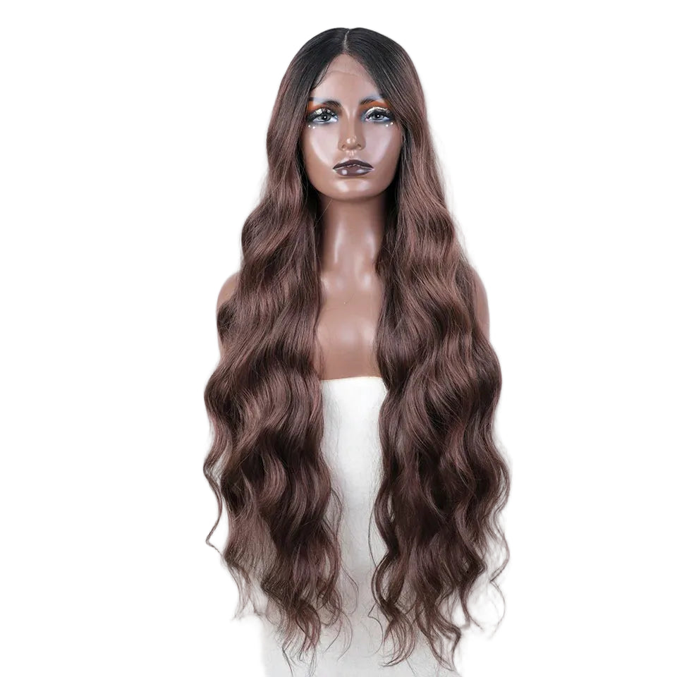 Red Blonde Ginger Highlight Long Wavy Synthetic Lace Front Wig