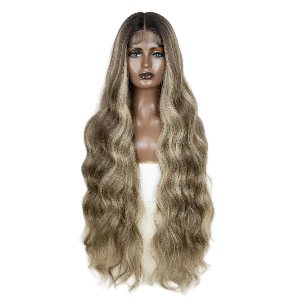Blonde Ginger Highlight Long Wavy Synthetic Lace Front Wig