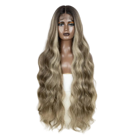 Blonde Ginger Highlight Long Wavy Synthetic Lace Front Wig