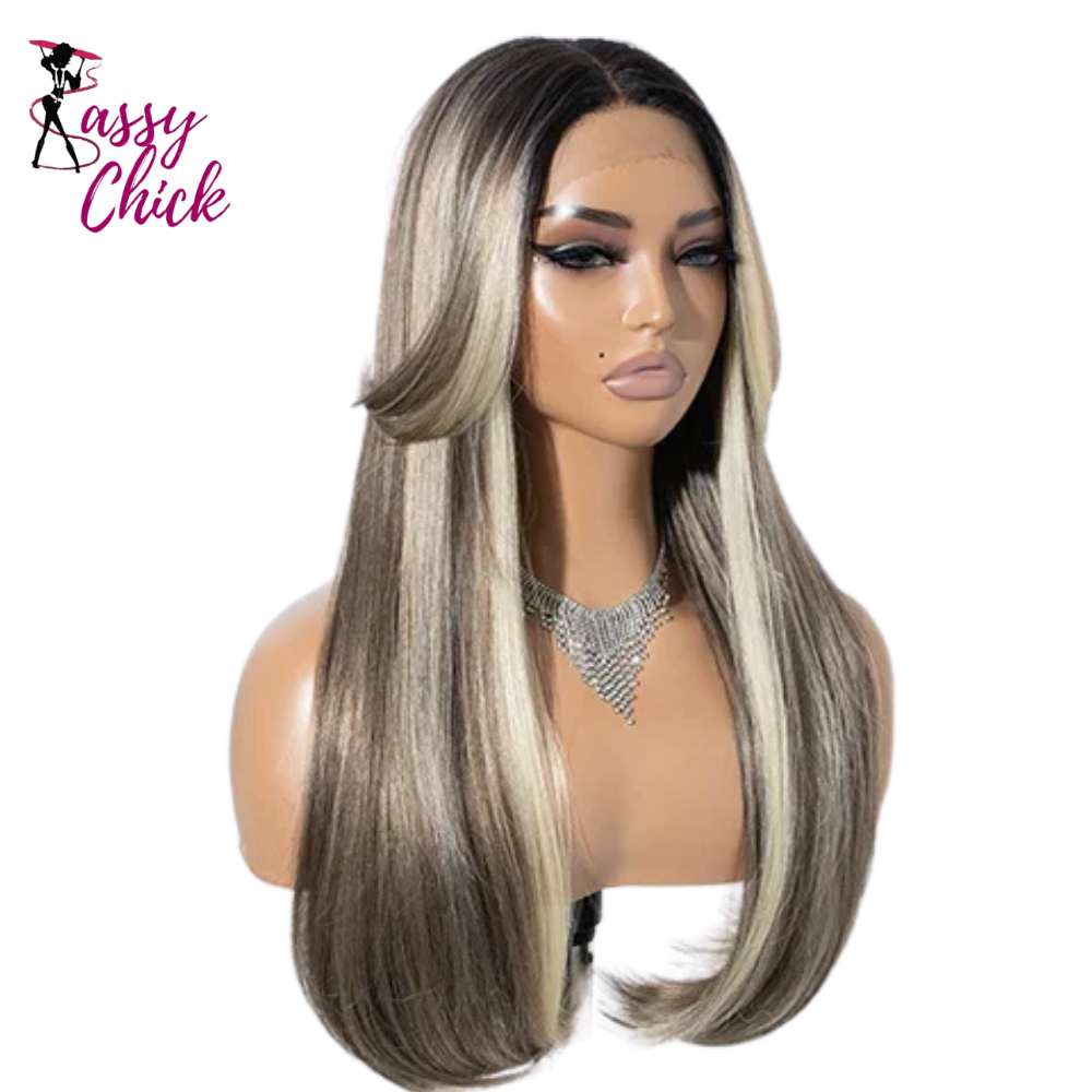 Blonde Highlight 24 Inches Straight Synthetic Lace Front Wigs Sassy Chick Logo