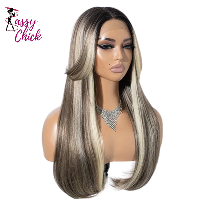 Blonde Highlight 24 Inches Straight Synthetic Lace Front Wigs Sassy Chick Logo