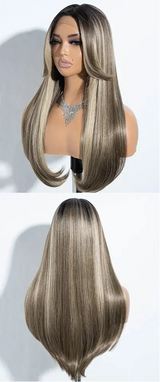 Gray Blonde Highlight 24 Inches Straight Synthetic Lace Front Wigs