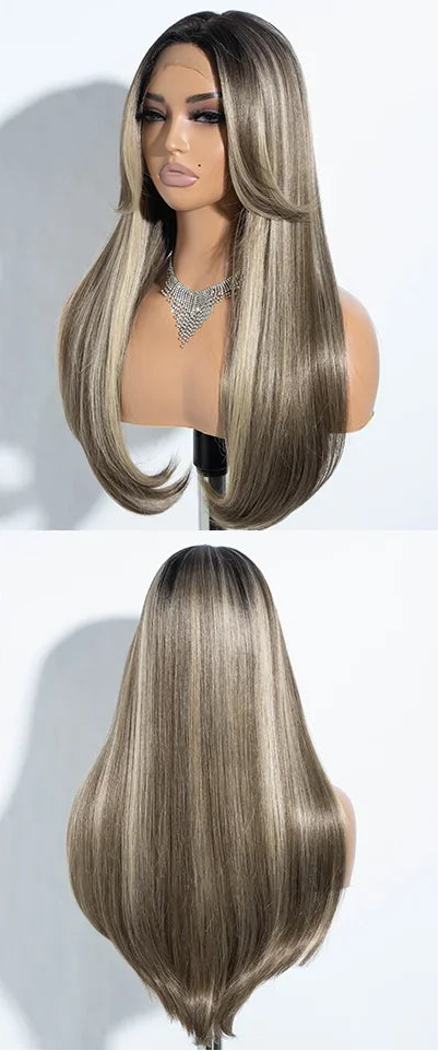 Gray Blonde Highlight 24 Inches Straight Synthetic Lace Front Wigs