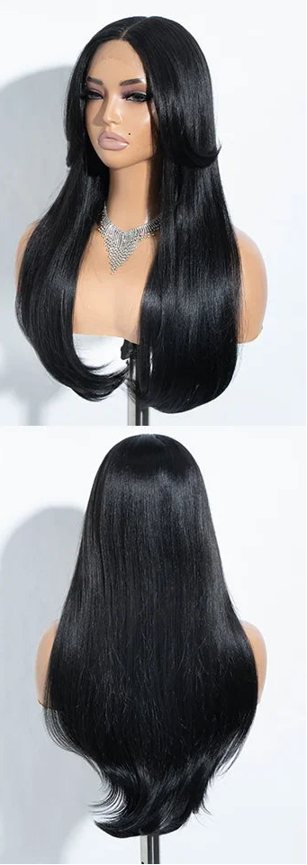 Black Highlight 24 Inches Straight Synthetic Lace Front Wigs