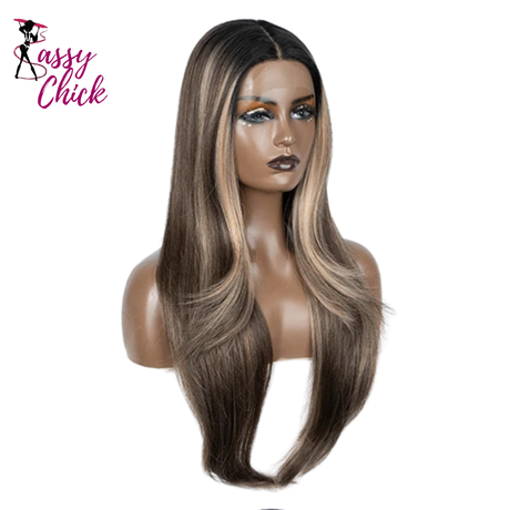 Blonde Highlight 28 Inch Straight Synthetic Lace Front Wigs Sassy Chick Logo