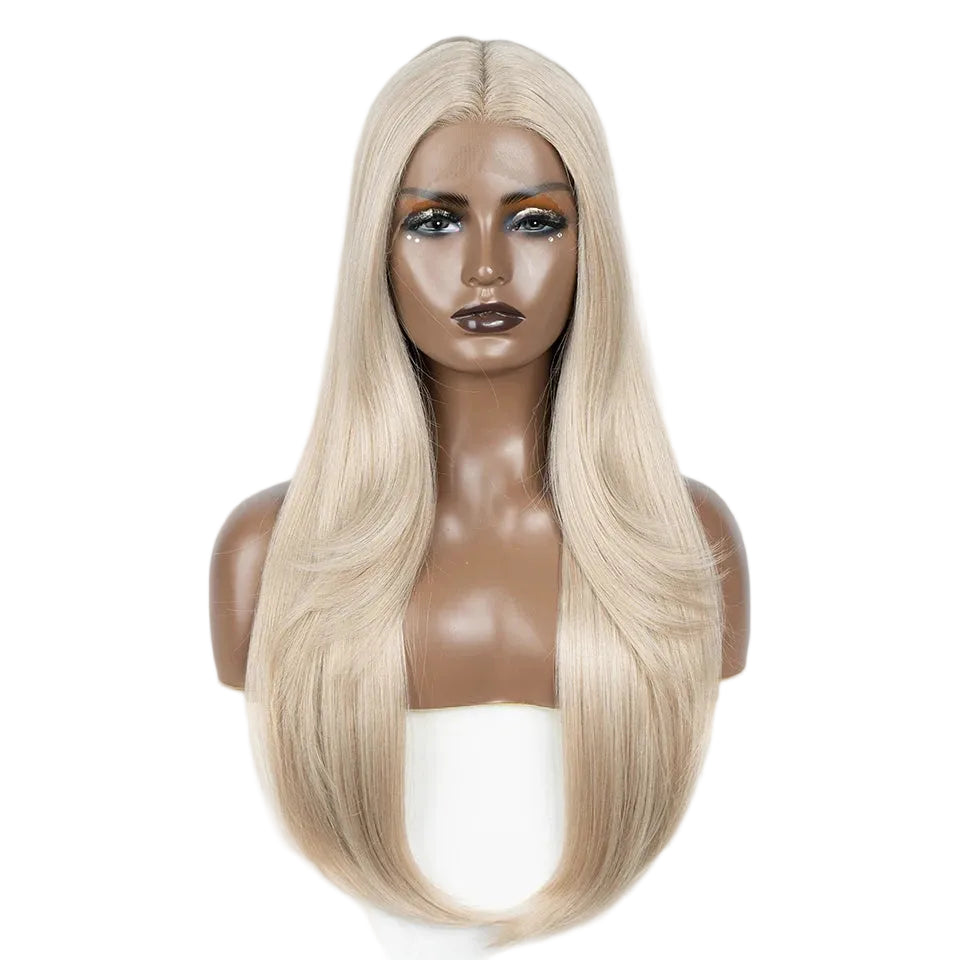 White Blonde Highlight 28 Inch Straight Synthetic Lace Front Wigs