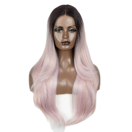 Pink Highlight 28 Inch Straight Synthetic Lace Front Wigs