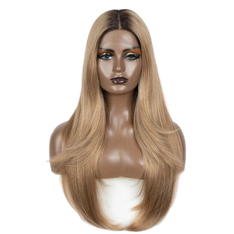Brown Highlight 28 Inch Straight Synthetic Lace Front Wigs