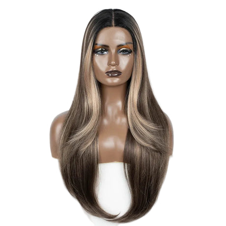 Blonde Highlight 28 Inch Straight Synthetic Lace Front Wigs
