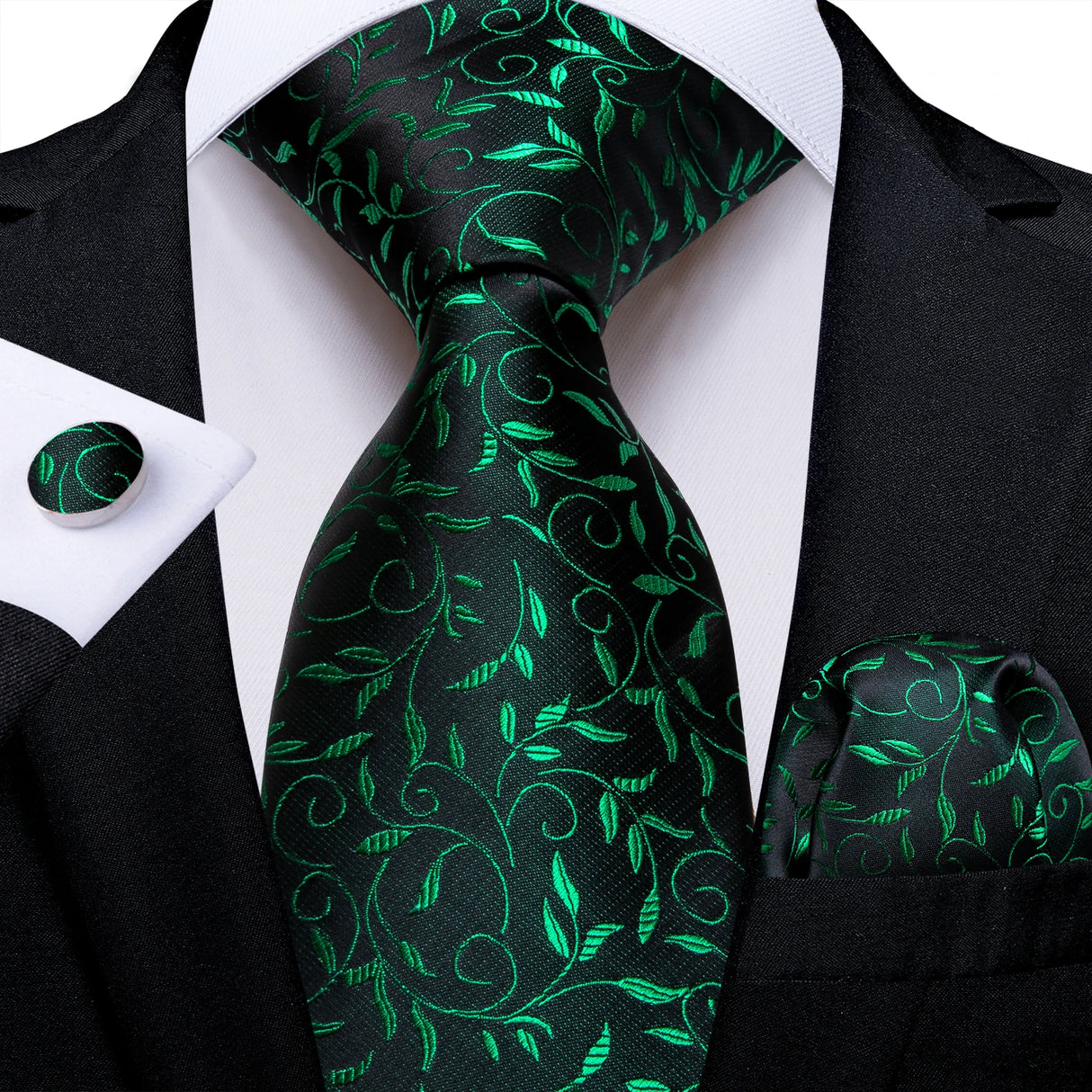 black green floral pattern necktie set