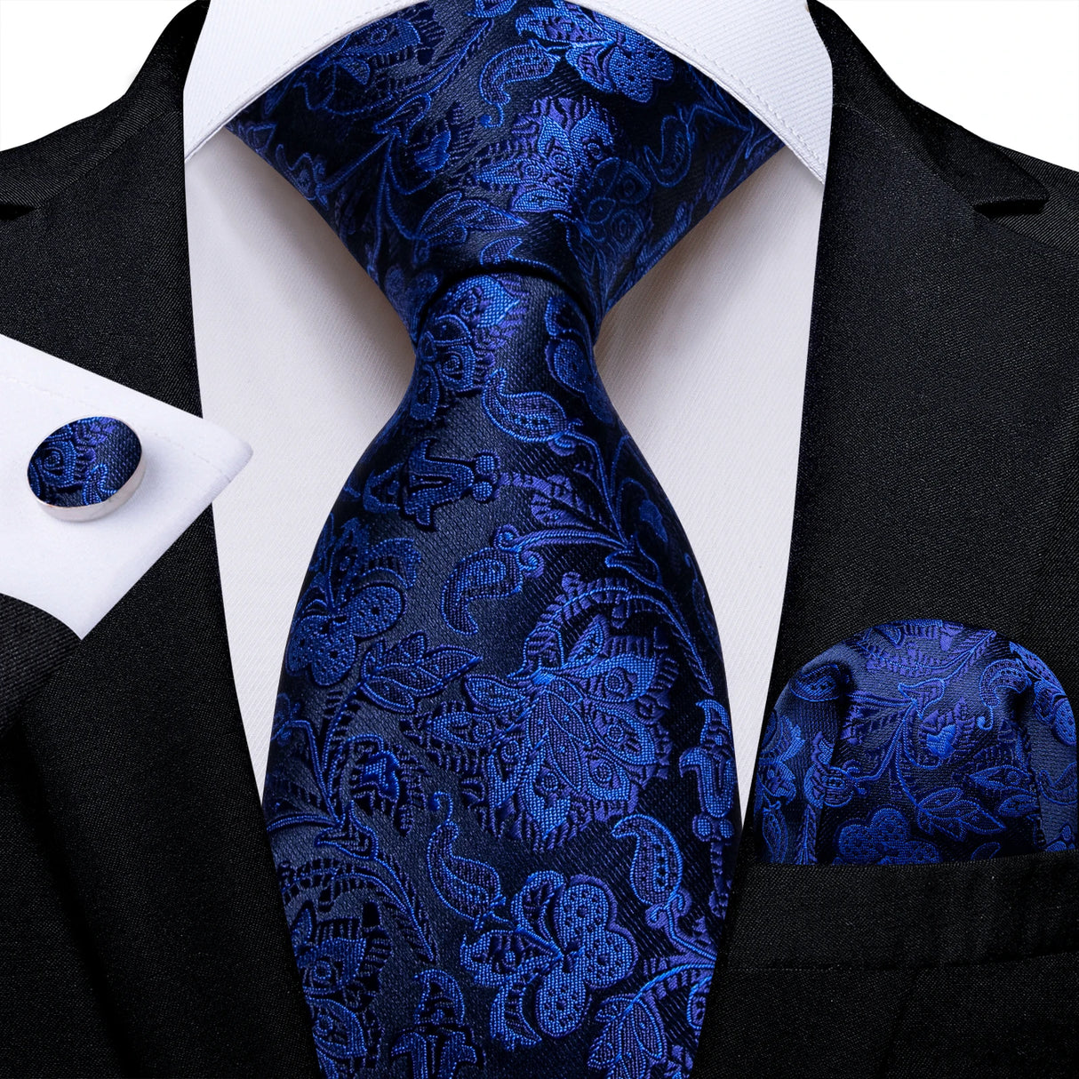 black blue floral pattern necktie set
