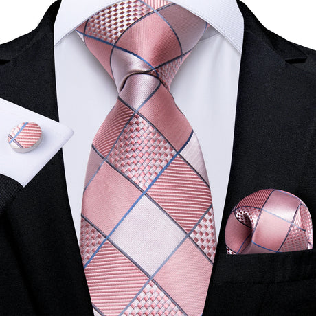 white pink square pattern necktie set