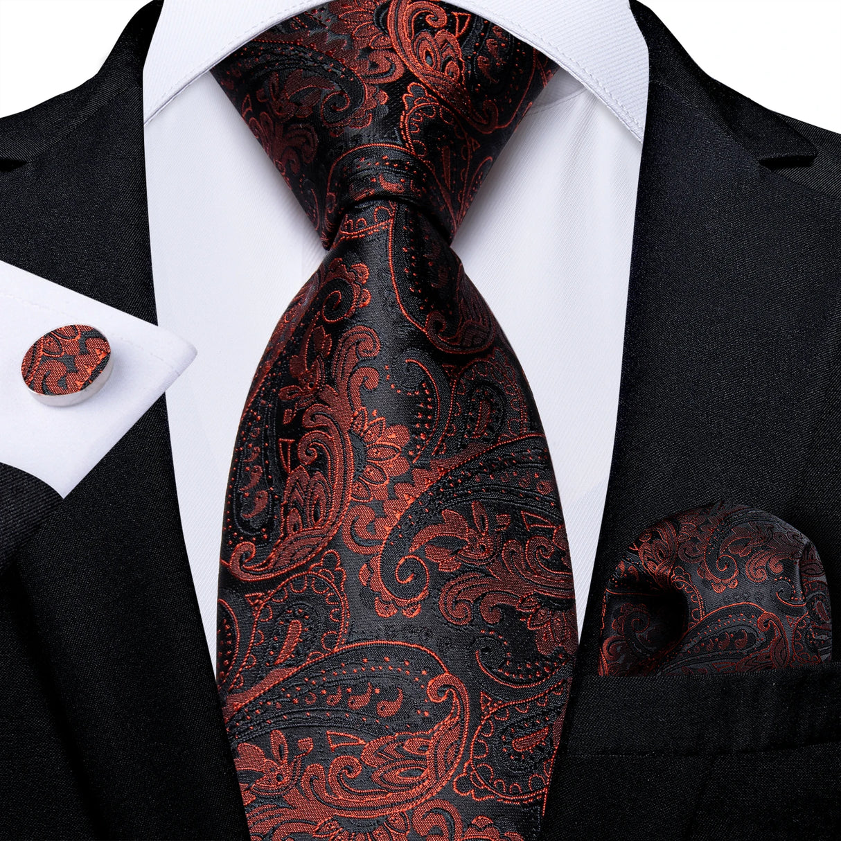 orange black floral pattern necktie set