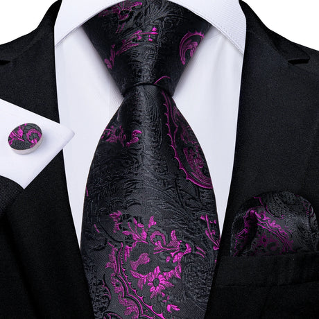 black purple floral pattern necktie set