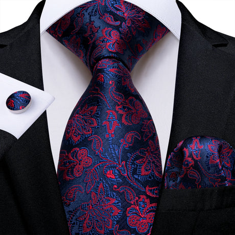 red blue floral pattern necktie set
