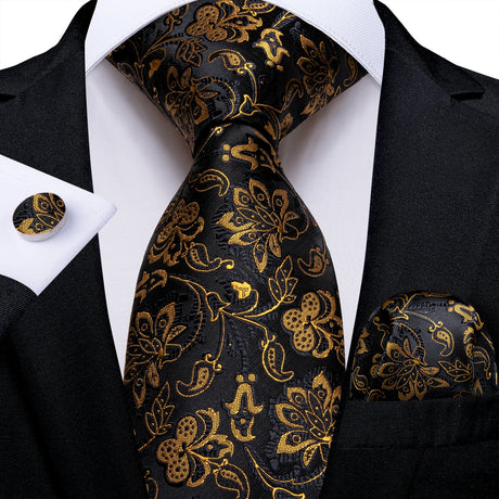gold black floral pattern necktie set