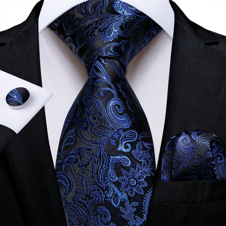 black blue floral pattern necktie set