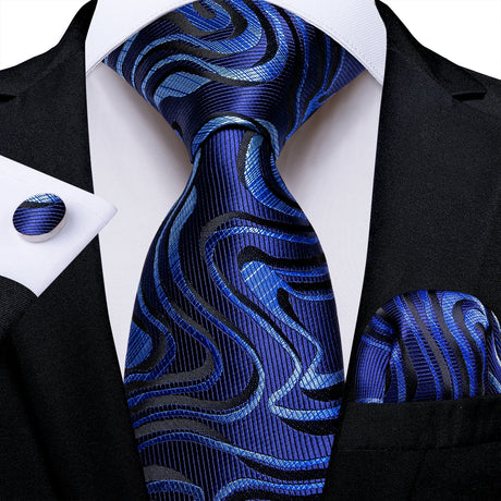 black blue curve line pattern necktie set