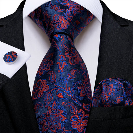 blue red floral pattern necktie set