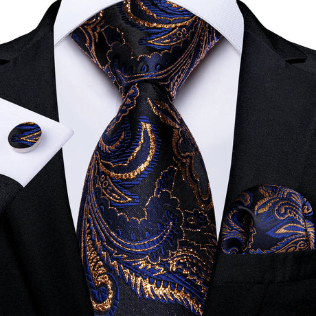 blue black gold floral pattern necktie set