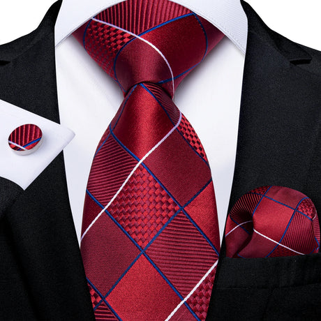 red blue white square pattern necktie set