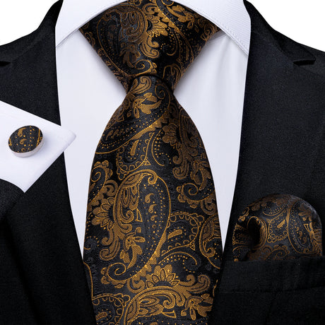 gold black floral pattern necktie set