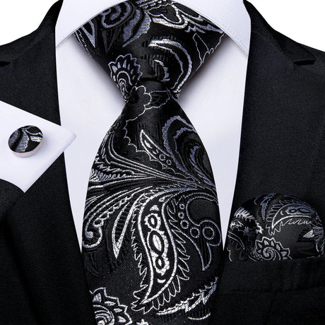 silver black floral pattern necktie set