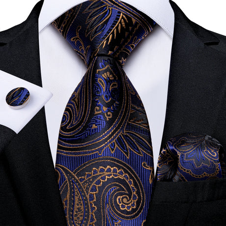 blue gold black floral pattern necktie set