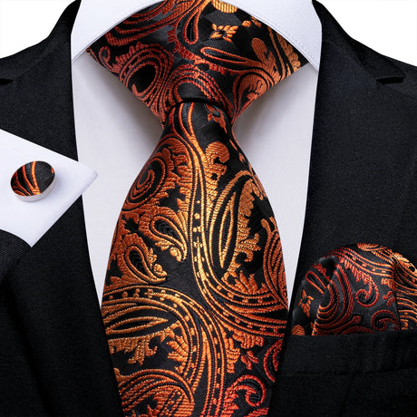 black orange floral pattern necktie set
