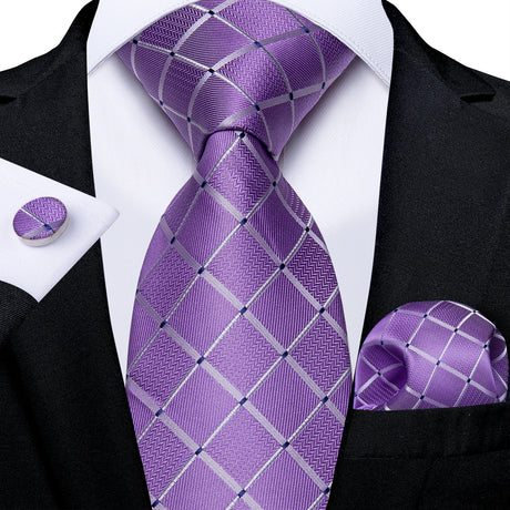 purple grey square pattern necktie set
