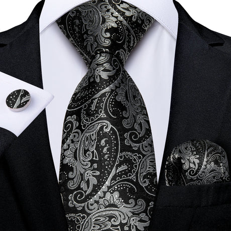 silver black floral pattern necktie set
