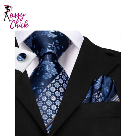 Blue Cufflink Stripe Silk Tie Set Sassy Chick Logo