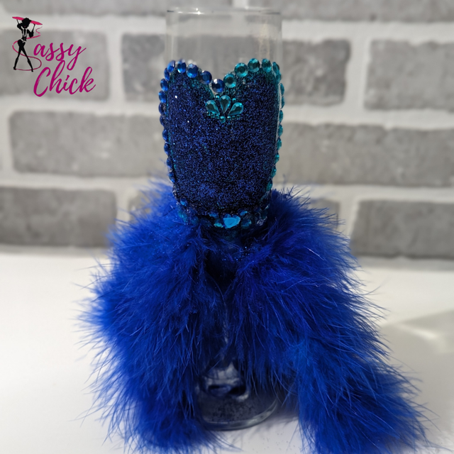 Blue Feather Custom Design Wine Glass Sassy Chick Logo 