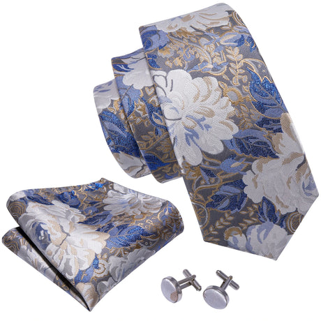 Blue Floral Jacquard Pocket Square Cufflinks Set Necktie