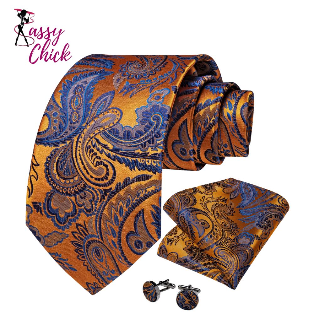 Blue Gold Paisley Tie Set Sassy Chick Logo