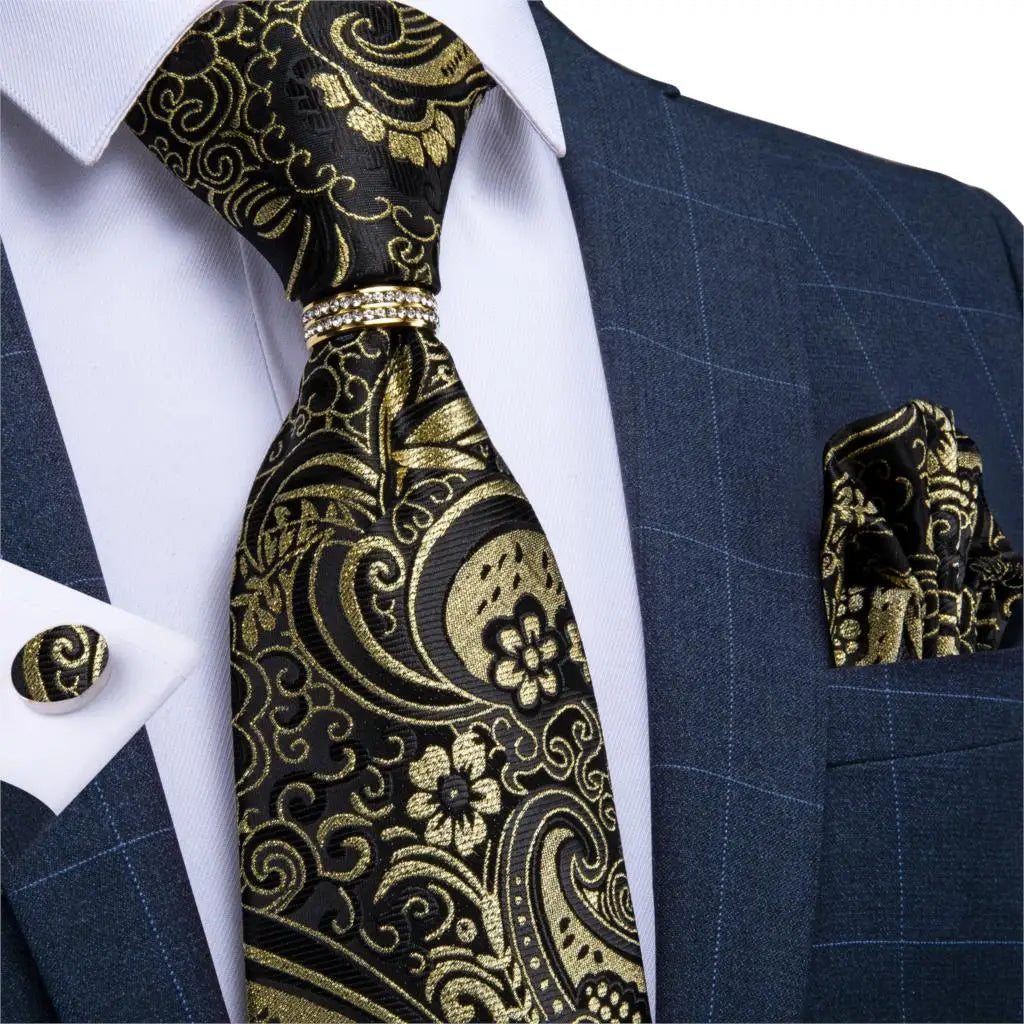 black gold floral pattern tie set