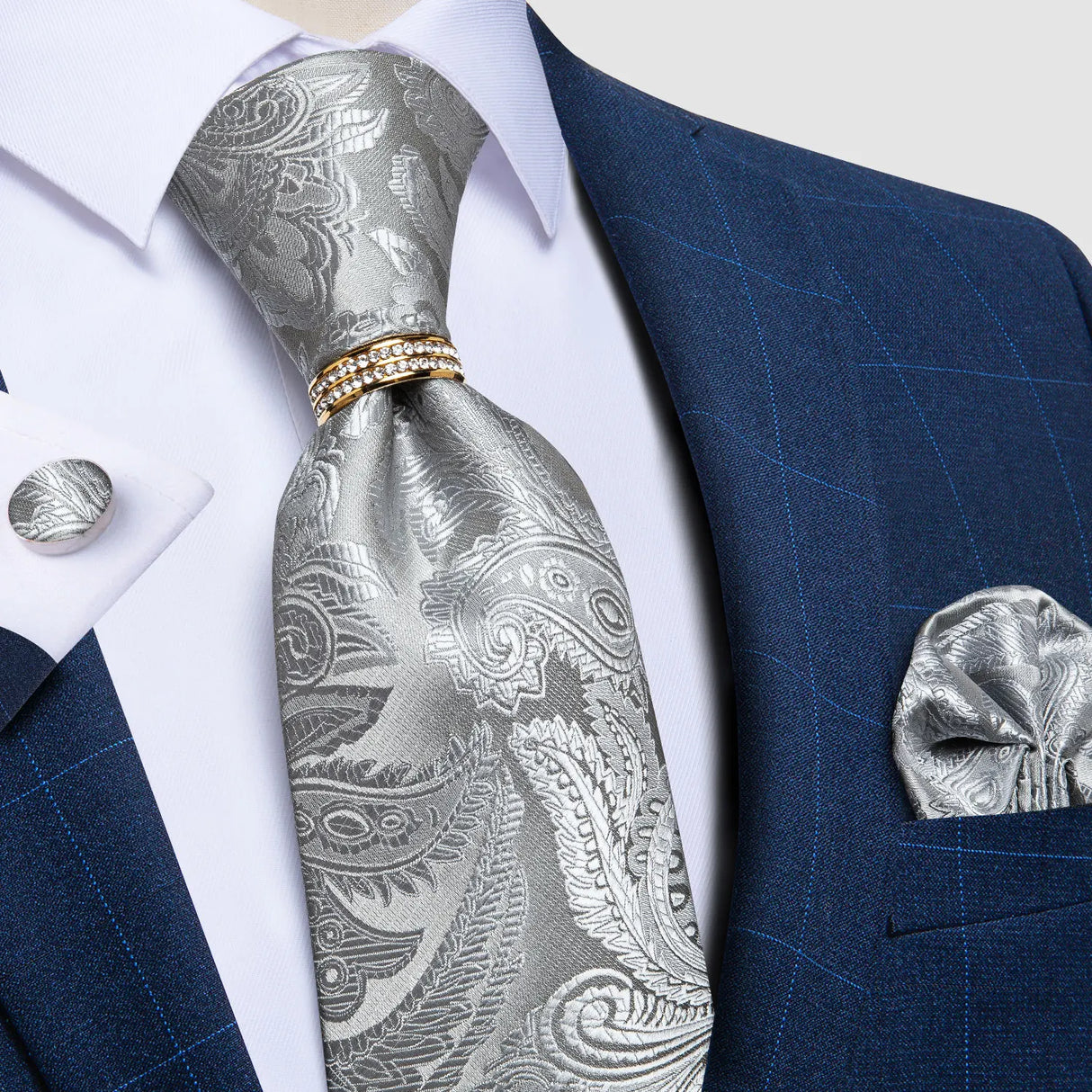 silver floral pattern tie set