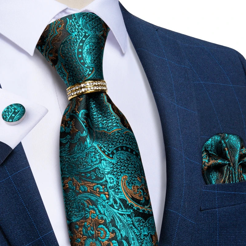 blue gold floral pattern tie set
