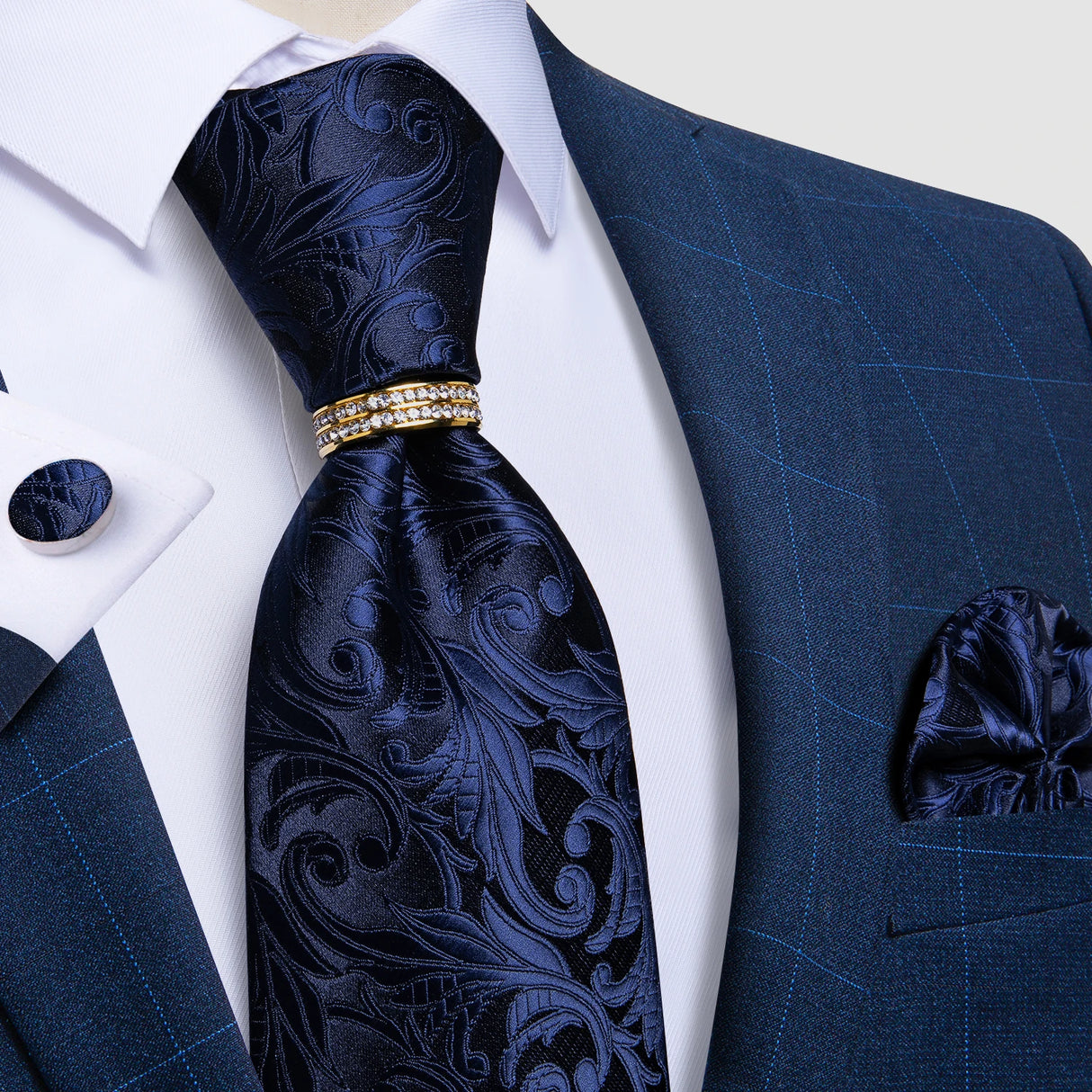 dark blue floral pattern tie set