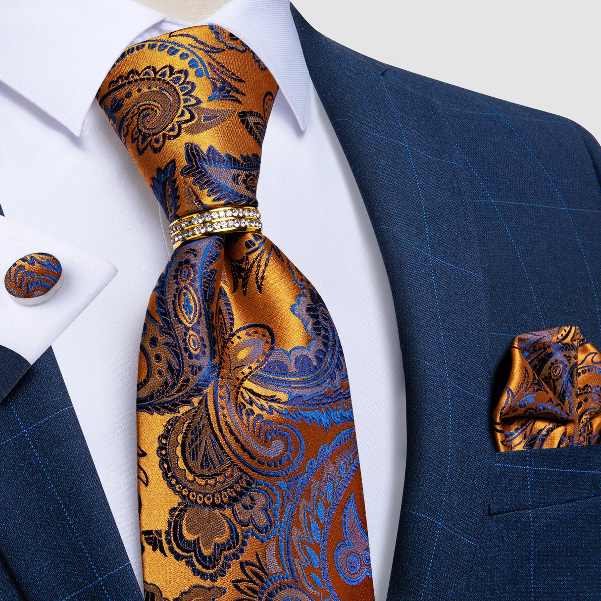 gold blue floral pattern tie set
