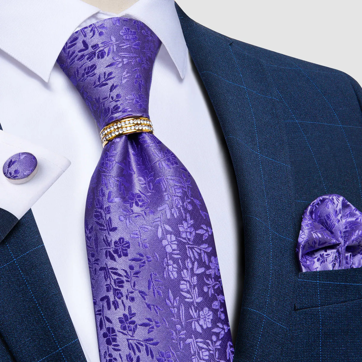 purple floral pattern tie set
