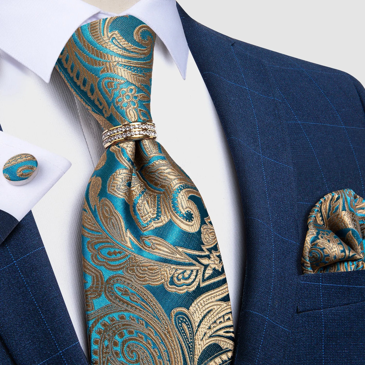 blue brown floral pattern tie set