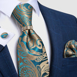 blue brown floral pattern tie set
