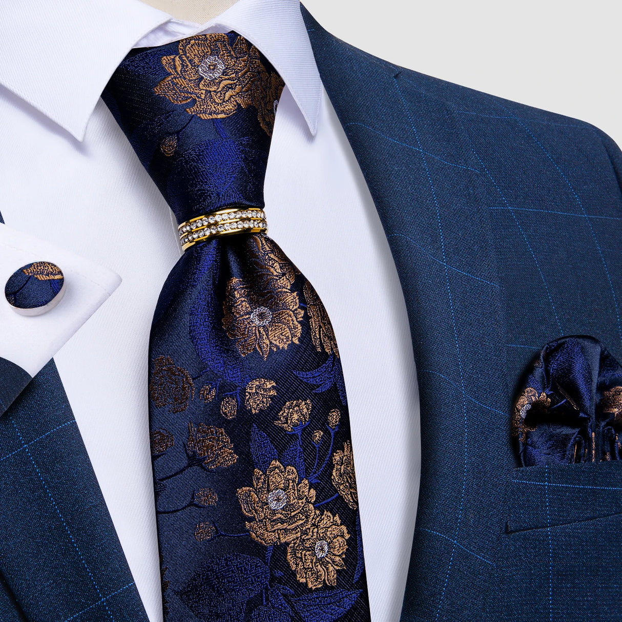 blue brown floral pattern tie set